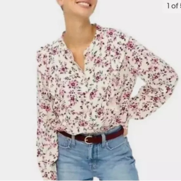 J Crew chic feminine long sleeve floral ruffle top size XS button front - Picture 1 of 16